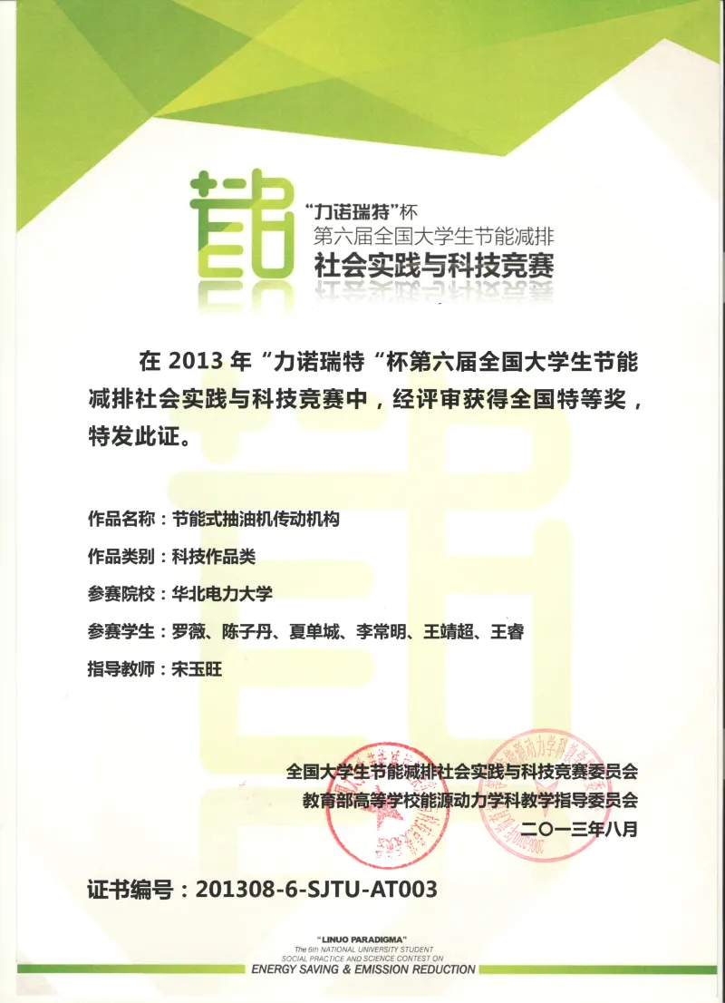 全国第六届节能减排大赛特等奖 001
