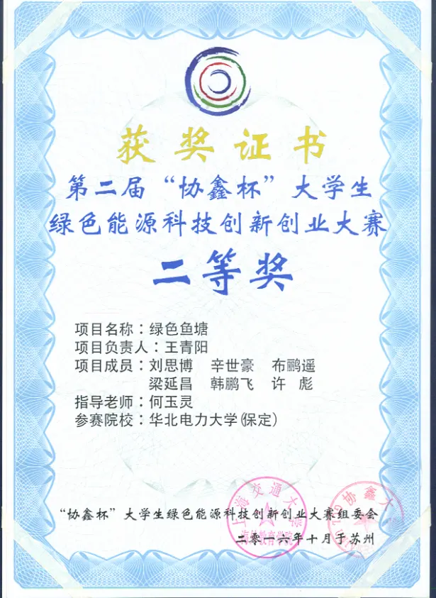 获奖证书——协鑫杯国二